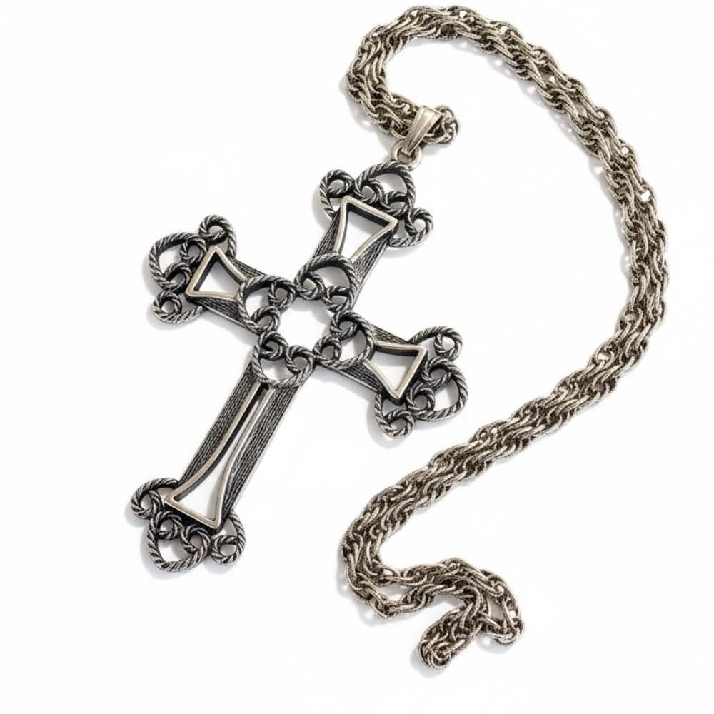 Sarah Coventry Victorian Cross Pendant Necklace Vintage 1973 Oxidized, Gold Tone